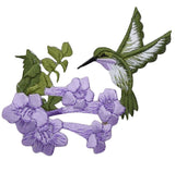Embroidered patch of a hummingbird and purple flowers on green leaves.