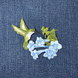 Hummingbird Applique Patch - Facing Right, Blue Flowers, Bird Badge 3.5" (Iron on)