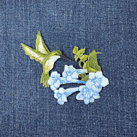 Hummingbird Applique Patch - Facing Right, Blue Flowers, Bird Badge 3.5" (Iron on)