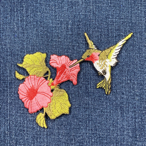 Hummingbird Applique Patch - Embroidered Tropical Flowers & Bird Badge 4.5" (Iron On)