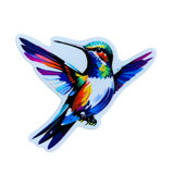 A colorful vinyl decal of a hummingbird with a vibrant and artistic design