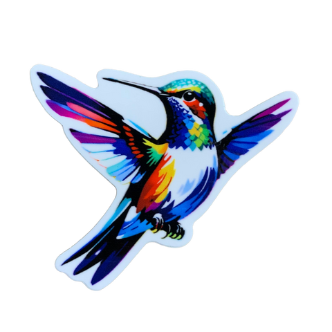 A colorful vinyl decal of a hummingbird with a vibrant and artistic design