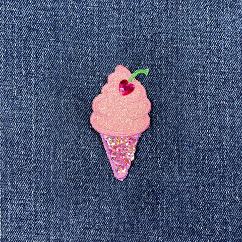 Ice Cream Applique Patch - Heart Jewel & Sequin Embroidered Glitter Badge 2.25" (Iron on)