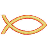 An embroidered Christian fish (Ichthys) patch featuring a gold center with a red stitched border, shown on a plain white background.