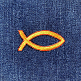 An embroidered orange Ichthys fish symbol patch with a red stitched border, applied to a blue denim fabric background.