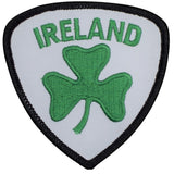 Ireland patch featuring a shamrock clover and a black border with the word 'IRELAND' across the top, on a white background