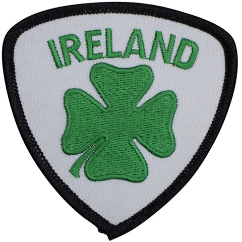 Patch with green shamrock and 'IRELAND' text on a white background