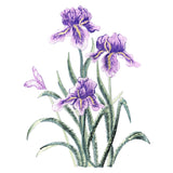 Embroidered patch of purple iris flowers on a white background