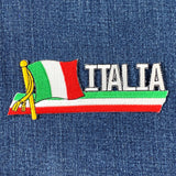 Embroidered patch with Italian flag and 'ITALIA' text on a blue denim background