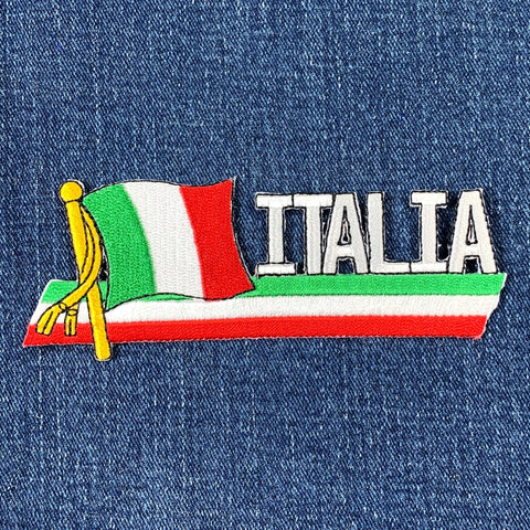 Embroidered patch with Italian flag and 'ITALIA' text on a blue denim background