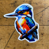 A colorful vinyl decal of a kingfisher bird perched on a branch.
