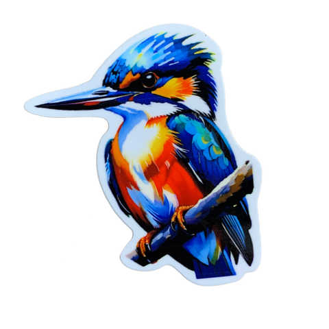 A colorful vinyl decal of a kingfisher bird perched on a branch.