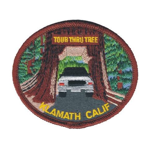 Klamath California tour thru tree souvenir patch on a white background