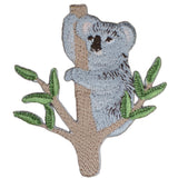 Embroidered patch depicting a koala bear sitting on a eucalyptus tree branch.