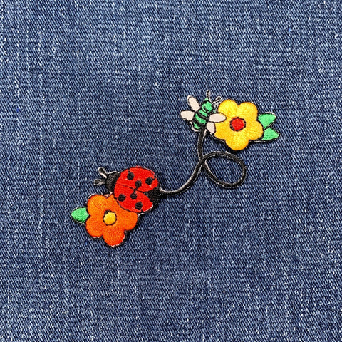 Ladybug & Bee Applique Patch - Embroidered Insect Flower Garden Badge 3.25" (Iron On)