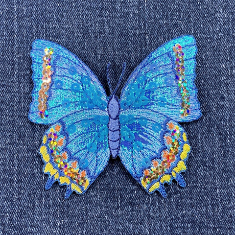 Butterfly Applique Patch - Sequin Embroidered Blue & Yellow Insect Badge 3-1/8" (Iron On)
