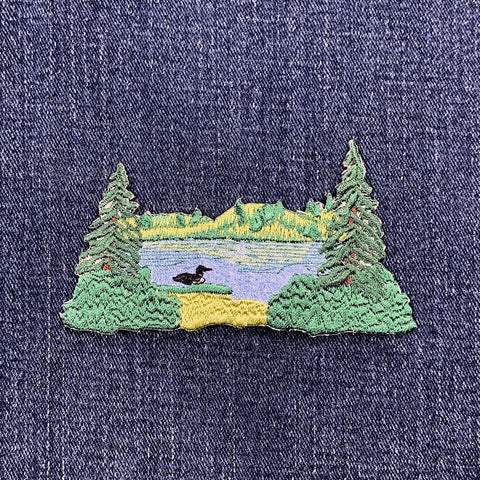 Lake Scene & Loon Applique Patch - Embroidered Pond Duck Trees Nature Badge 4" (Iron On)