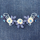 Flower Applique Patch - Embroidered Blue & White Decorative Badge 5-3/8" (Iron On)