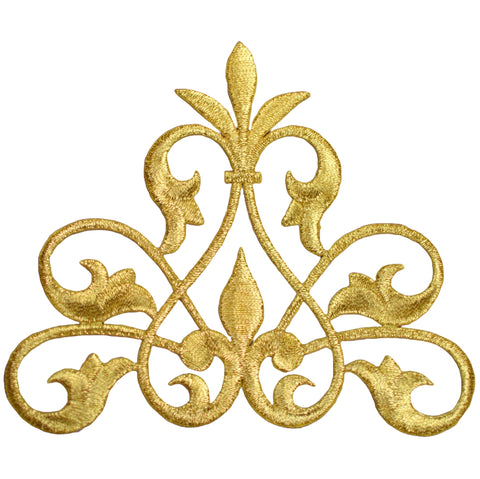 Extra Large Fleur De Lis Applique Patch - Metallic Gold Line Flow 4.5" (Iron on)