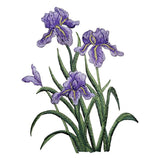 Embroidered patch of purple irises on a white background