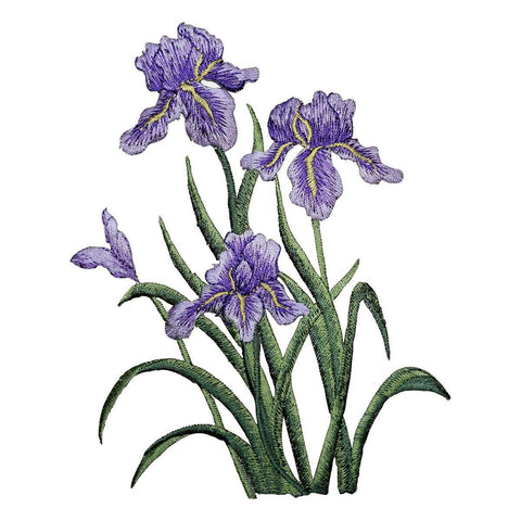 Embroidered patch of purple irises on a white background