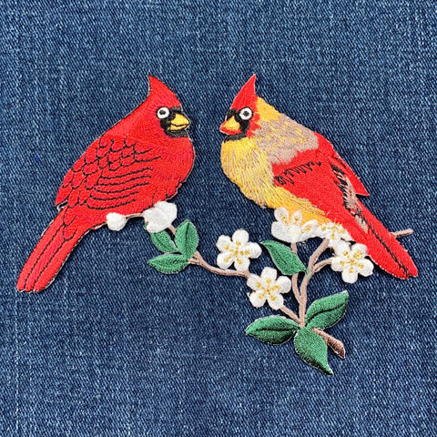 Two Cardinals On A Branch Applique Patch - Embroidered Bird Badge 5.25" (Iron On)