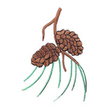 An embroidered pine branch patch featuring two brown pinecones, a brown twig branch, and green needles on a plain white background.