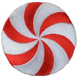 A round red and white peppermint candy applique patch with a spiral design and an iron-on backing.