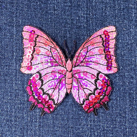 Butterfly Applique Patch - Sequin Embroidered Fuchsia Pink Insect Badge 3-1/8" (Iron On)