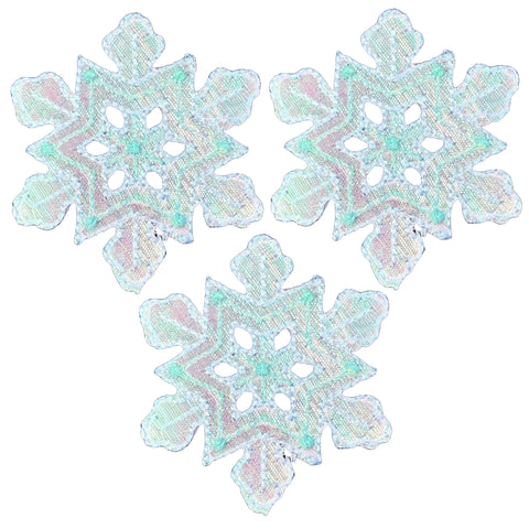 3-Pack Blue Snowflake Applique Patch - Large Shimmery Snow Embroidered Winter Badge 2-1/8" (Iron On)