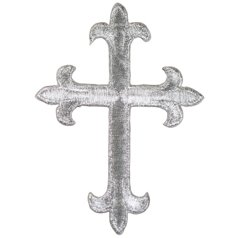 Large Cross Applique Patch - Metallic Silver Christian Jesus Embroidered Badge 4" (Iron on)