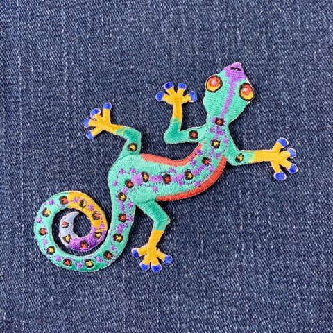 Gecko Applique Patch - Teal Embroidered Reptile Badge 3.5" (Iron On)