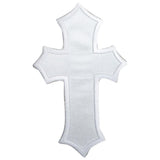 A large white satin cross applique patch with a pointed tip and embroidered edges designed for iron-on application.