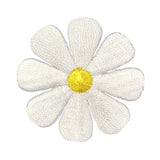 An embroidered daisy flower patch with white petals and a bright yellow center, shown on a plain white background.