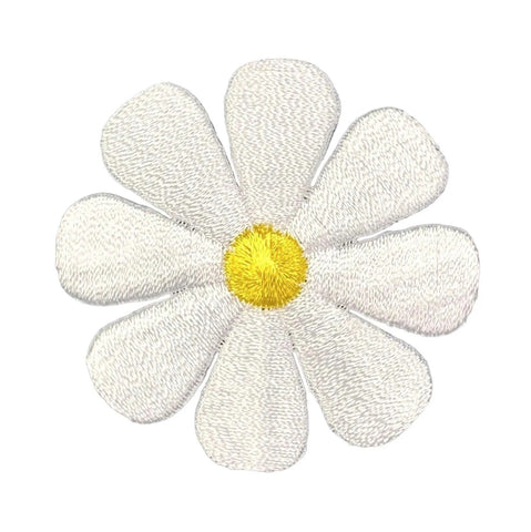 An embroidered daisy flower patch with white petals and a bright yellow center, shown on a plain white background.