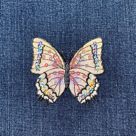 Butterfly Applique Patch - Sequin Embroidered White Insect Badge 3-1/8" (Iron On)