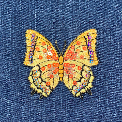 Butterfly Applique Patch - Sequin Embroidered Yellow Insect Badge 3-1/8" (Iron On)