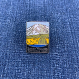 Pin with Lassen Volcanic National Park design on a blue denim background