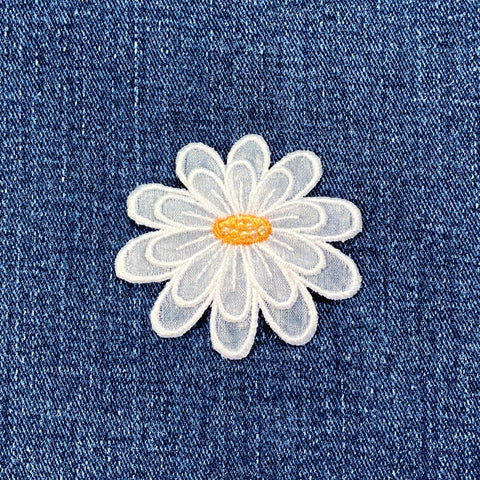 Daisy Flower Applique Patch - Embroidered & Layered White Organza Petals Badge 2-1/8"