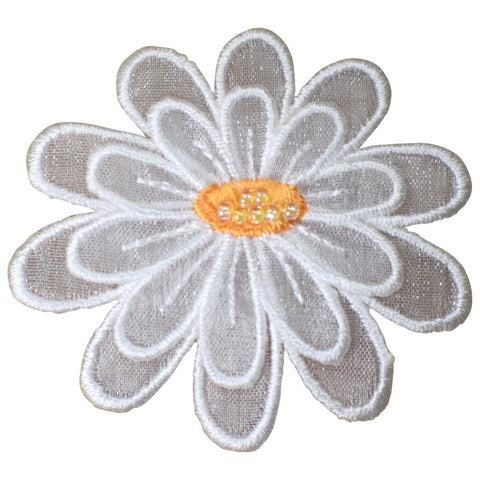 Layered Flower Applique Patch - White Organza Petals Beaded Center 2-1/8" (Iron on)