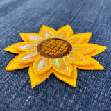 Sunflower patch on denim fabric