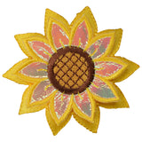 Sunflower-shaped patch with yellow petals and brown center on a white background