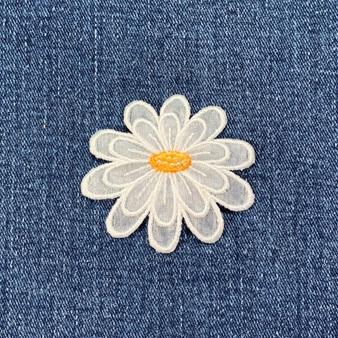 Daisy Applique Patch - Layered Petals & Beaded Center Embroidered Flower Badge 2-1/8" (Iron On)
