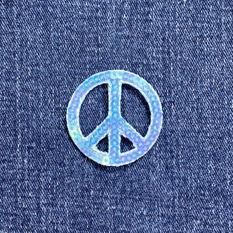 Sequin Peace Sign Applique Patch - Silver World Peace Badge 1.5" (Iron On)