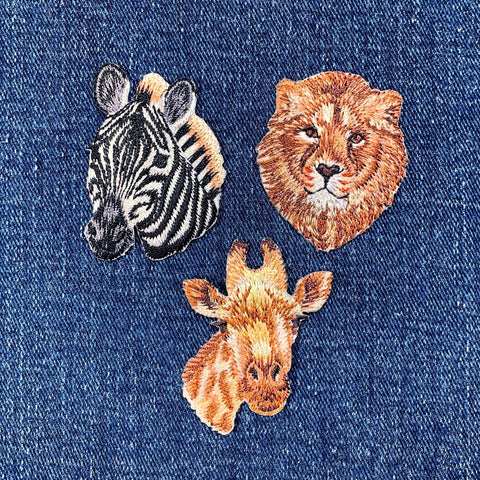 3-Pack Giraffe Lion & Zebra Applique Patch Set - Embroidered Animal Badges 1.75" (Iron On)