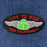 Patch with 'Live to Ride California 1' text on a denim background
