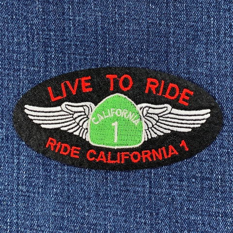 Patch with 'Live to Ride California 1' text on a denim background