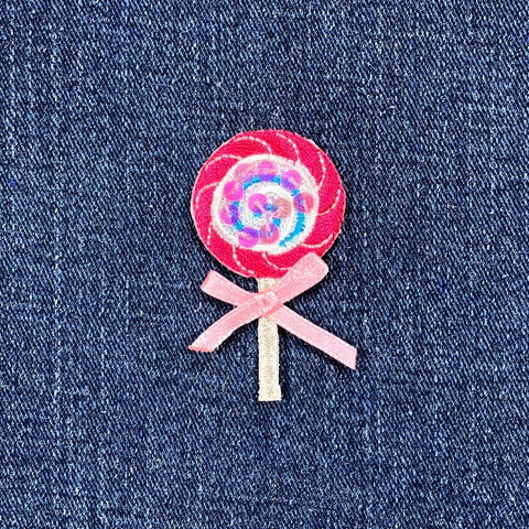 Sequin Lollipop & Bow Applique Patch - Embroidered Candy Badge 2-1/8" (Iron On)