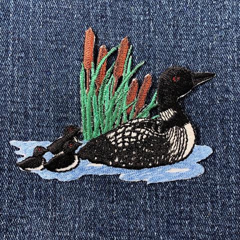 Divers Loon Applique Patch - Embroidered Duck & Baby Chicks Cattails Badge 3.25" (Iron On)