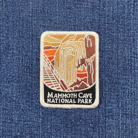 Embroidered patch of Mammoth Cave National Park on denim fabric